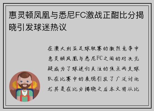 惠灵顿凤凰与悉尼FC激战正酣比分揭晓引发球迷热议