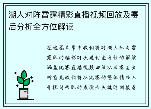 湖人对阵雷霆精彩直播视频回放及赛后分析全方位解读