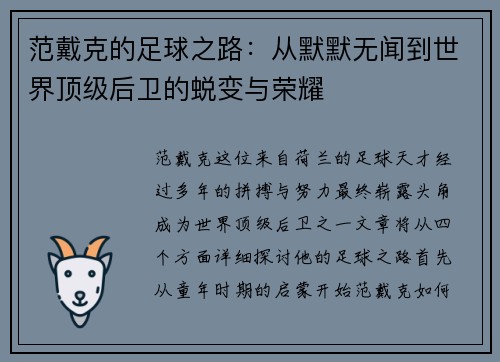 范戴克的足球之路：从默默无闻到世界顶级后卫的蜕变与荣耀